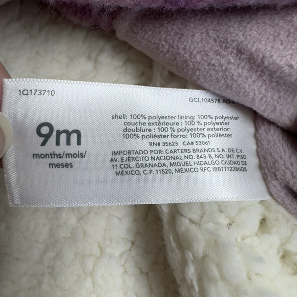 Carter's Plaid Sherpa Lined Shacket Girls Size 9 Months Purple Lavender - Picture 5 of 8